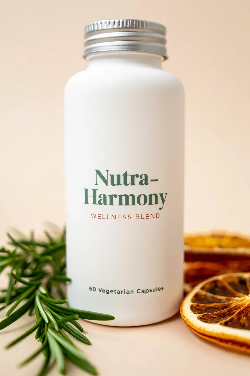 NutraHarmony wellness supplement bottle with natural ingredients